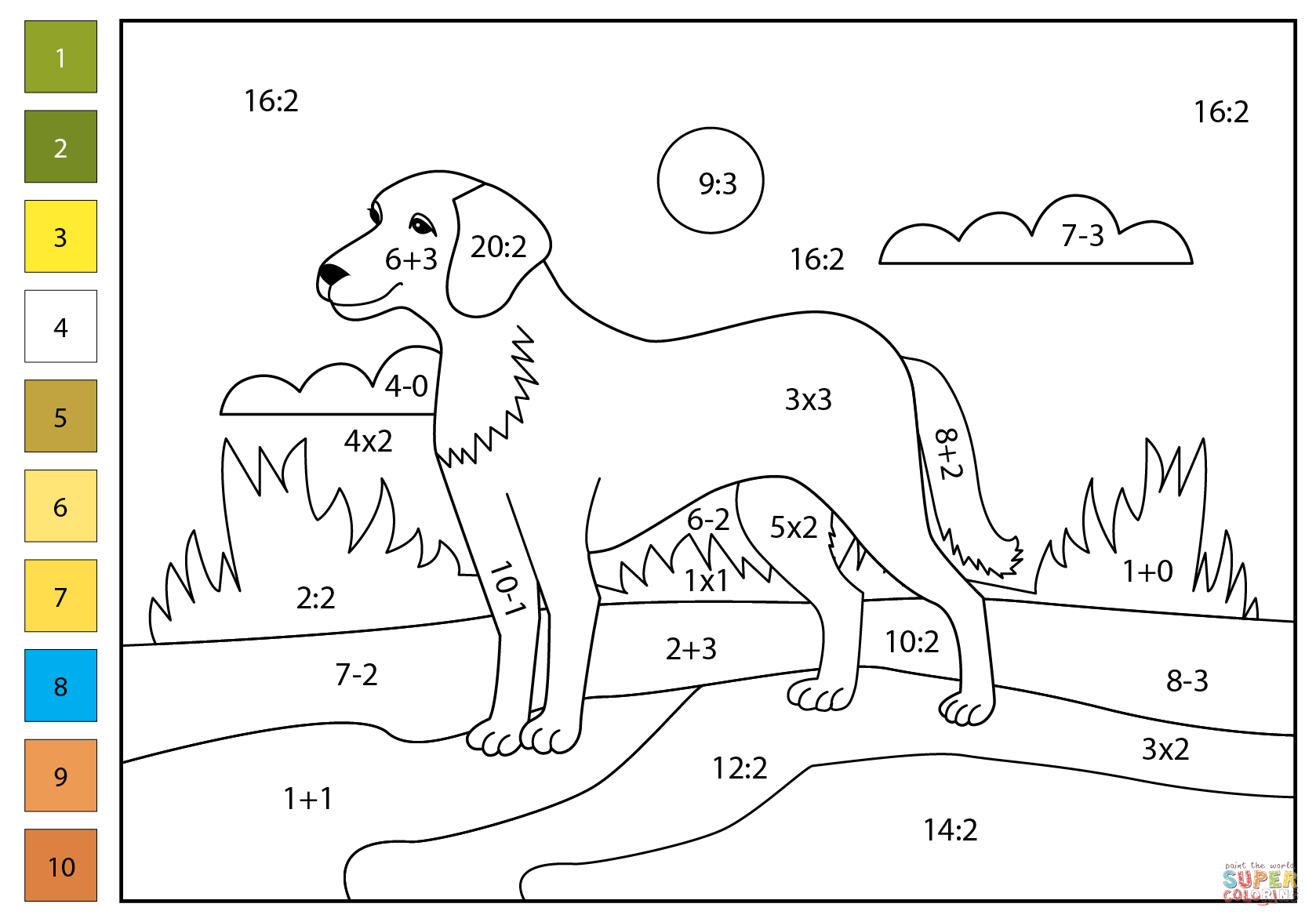 Math color by number dog free printable coloring pages