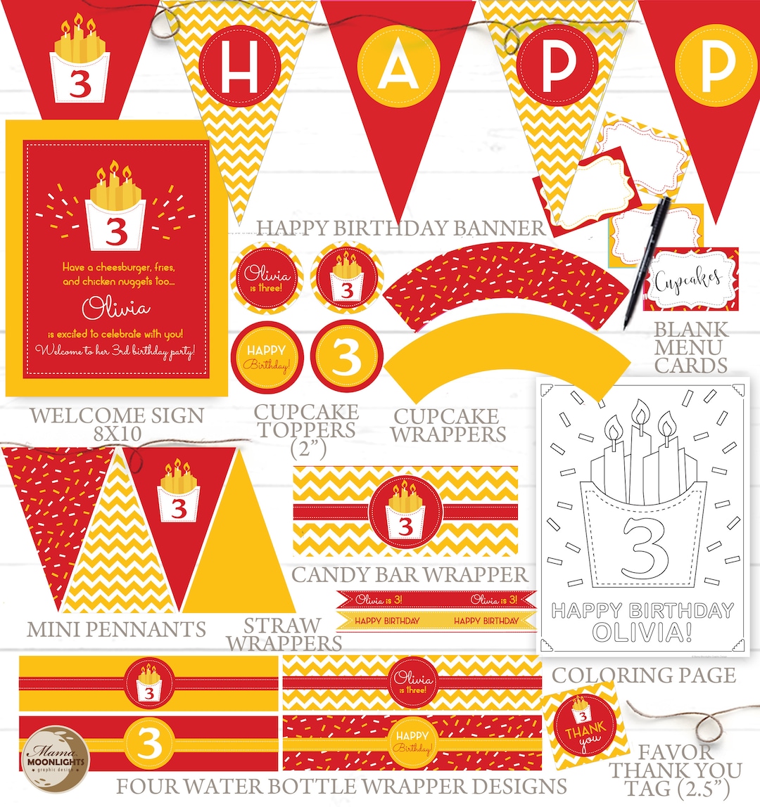 Mcdonalds birthday party decorations printable set diy print boy or girl first birthday st nd rd etc red yellow playplace