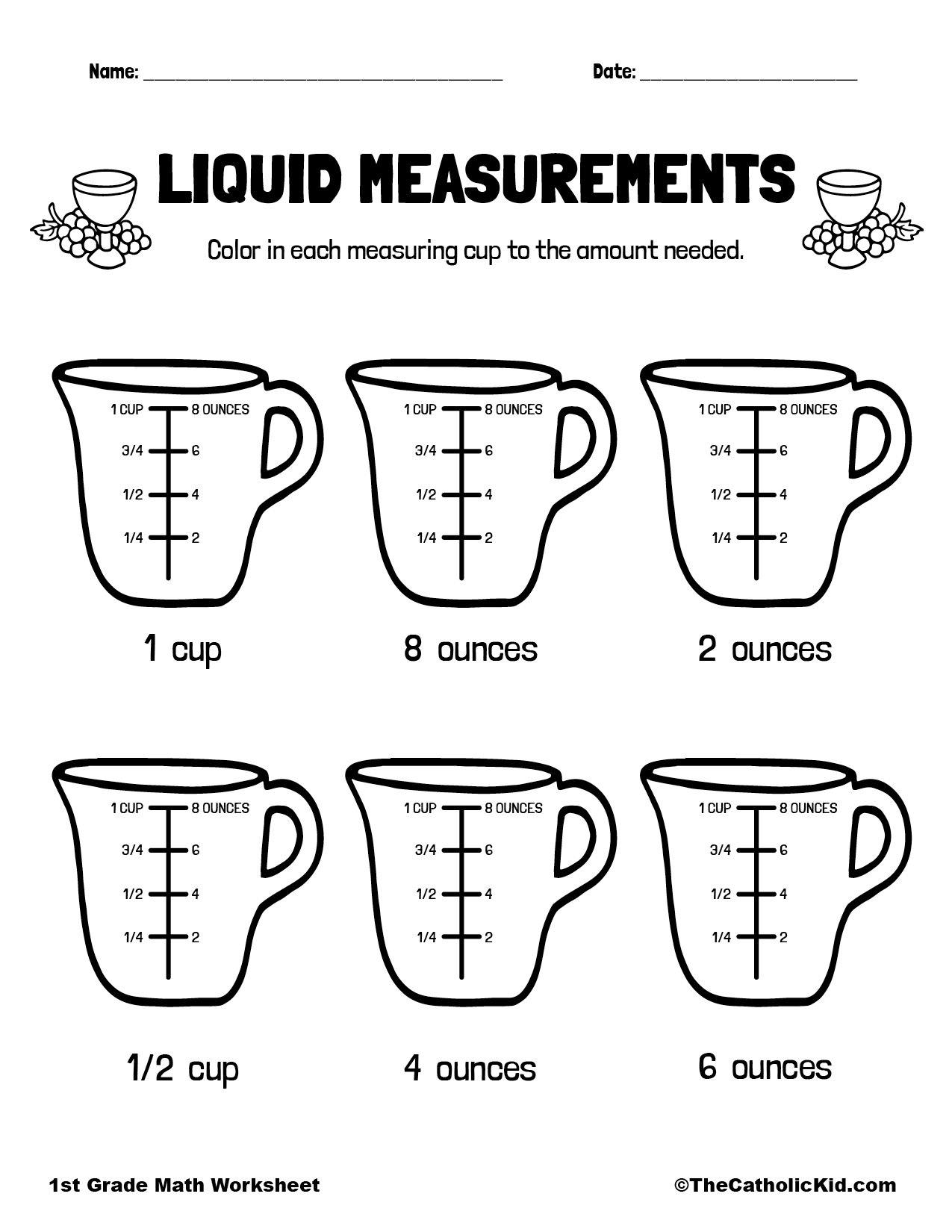 Catholic themed liquid measurements worksheet