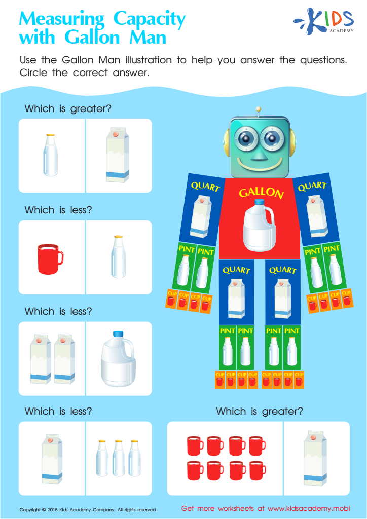 Measuring capacity with gallon man worksheet free measurement printable for kids