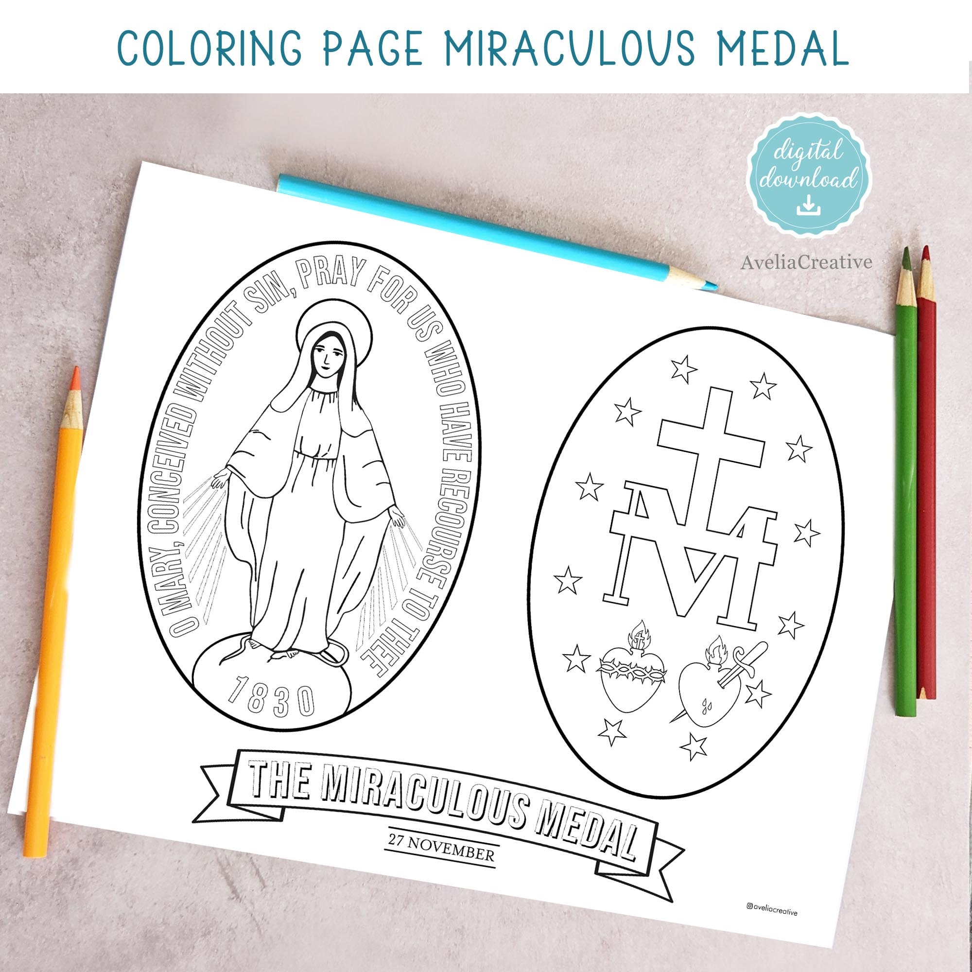 The miraculous medal coloring page instant download printable catholic miraculous medal coloring medal of our lady of graces jpg png