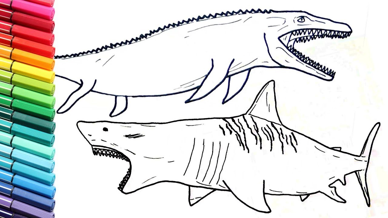 Megalodon shark and jurassic world mosasaur dinosaurs color pages