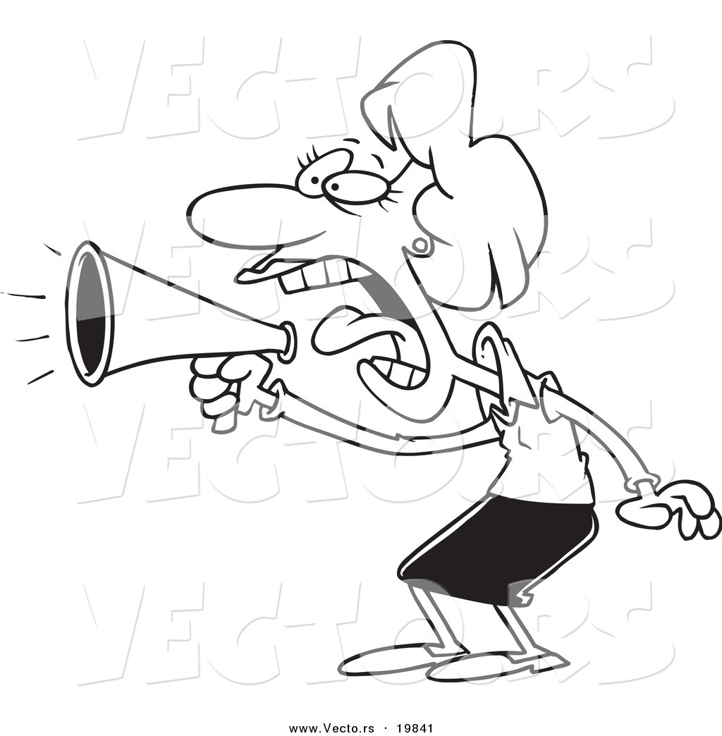 R of a cartoon businesswoman using a megaphone