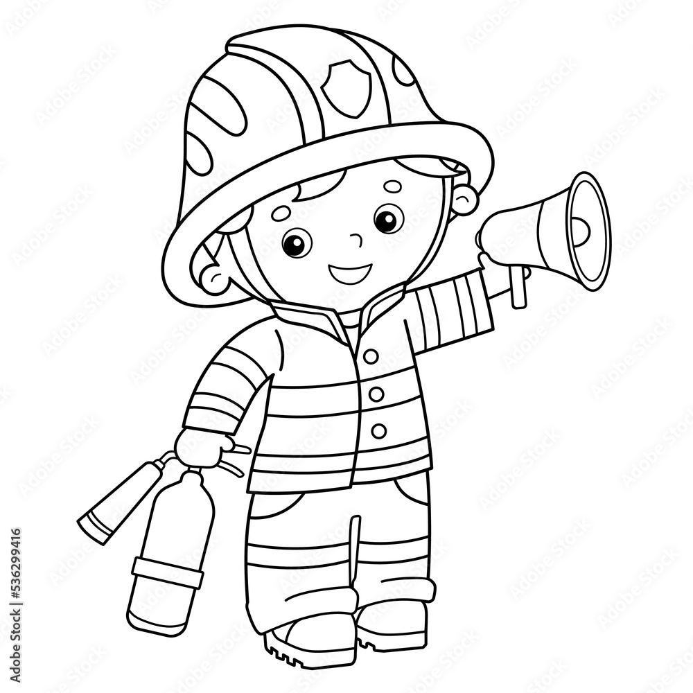 Coloring page outline of cartoon fireman or firefighter with a megaphone or horn and fire extinguisher profession coloring book for kids vector