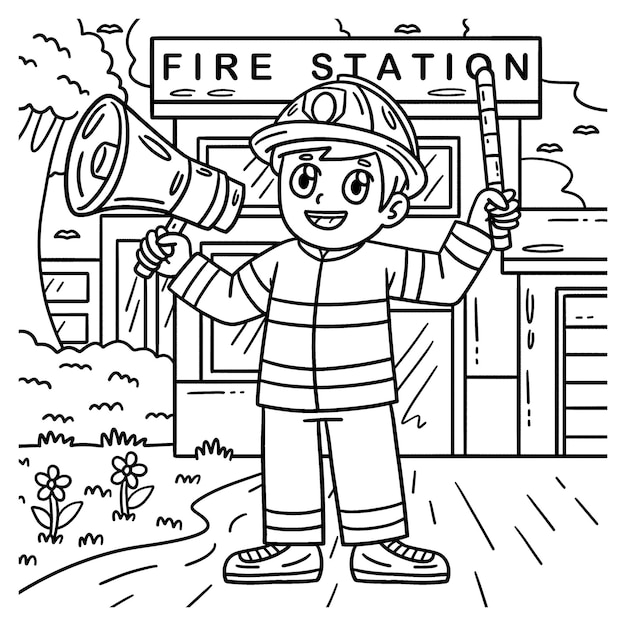 Premium vector a cute and funny coloring page of firefighter with the megaphone provides hours of coloring fun for children to color this page is very easy suitable for little kids