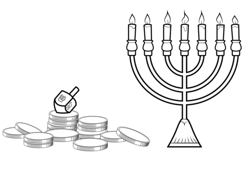 Hanukkah menorah dreidel and gelt coloring page free printable coloring pages