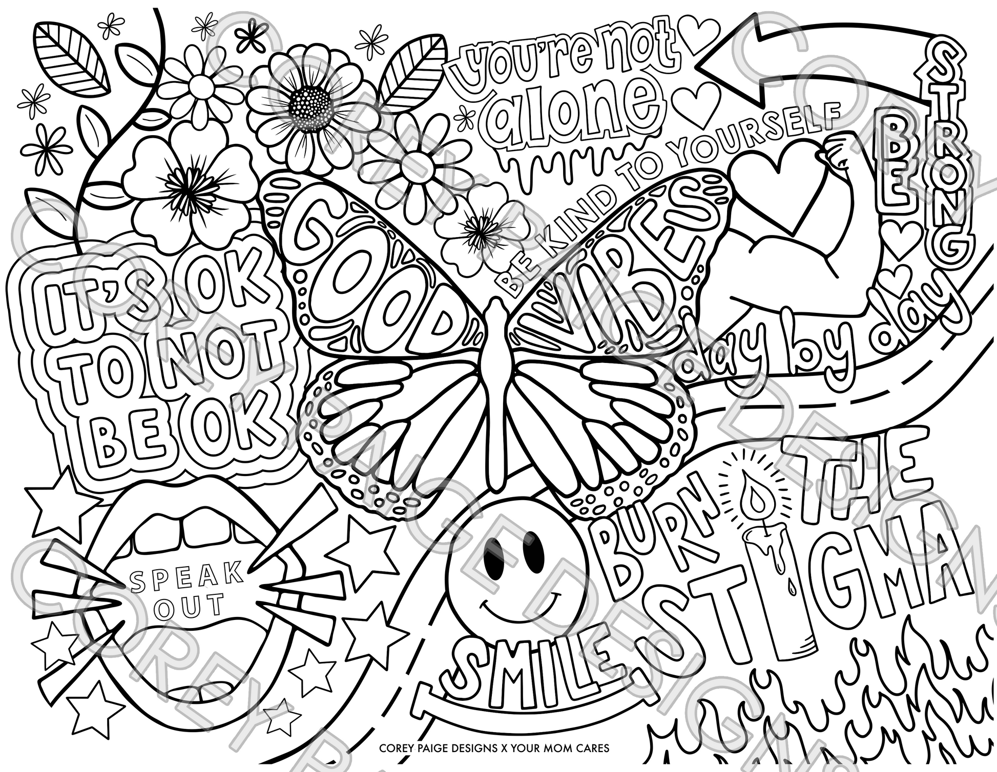 Mental wellness collage coloring sheet â