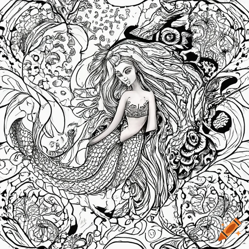 Black and white coloring page of a mermaid on