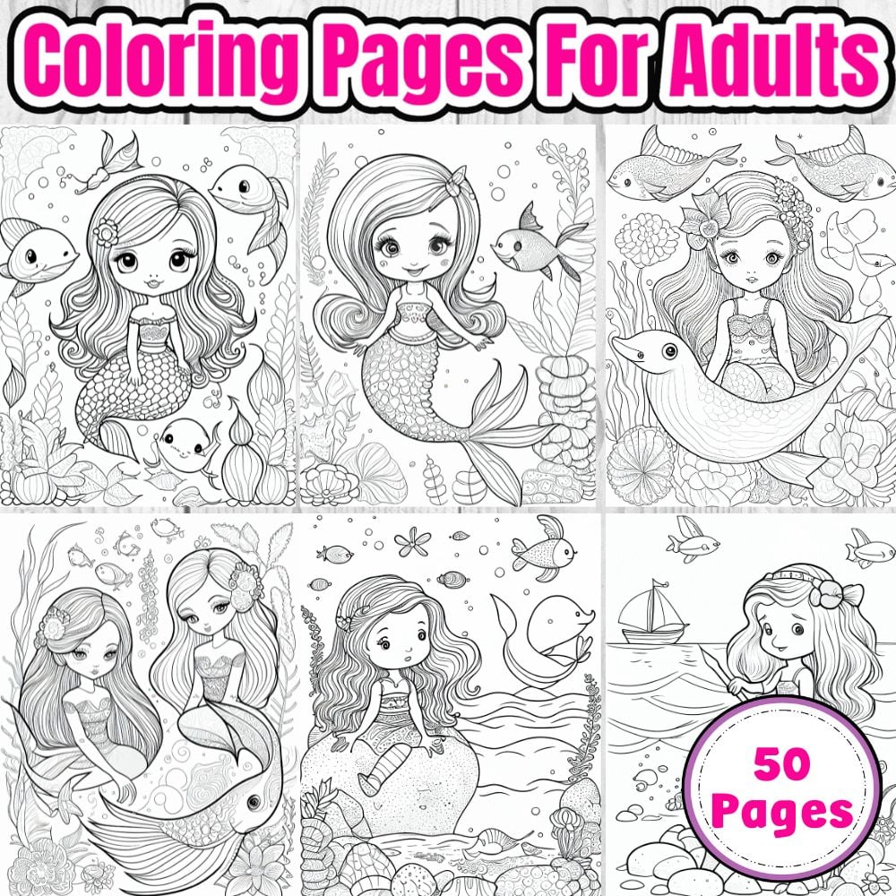 Mermaid coloring pages for kids and adults