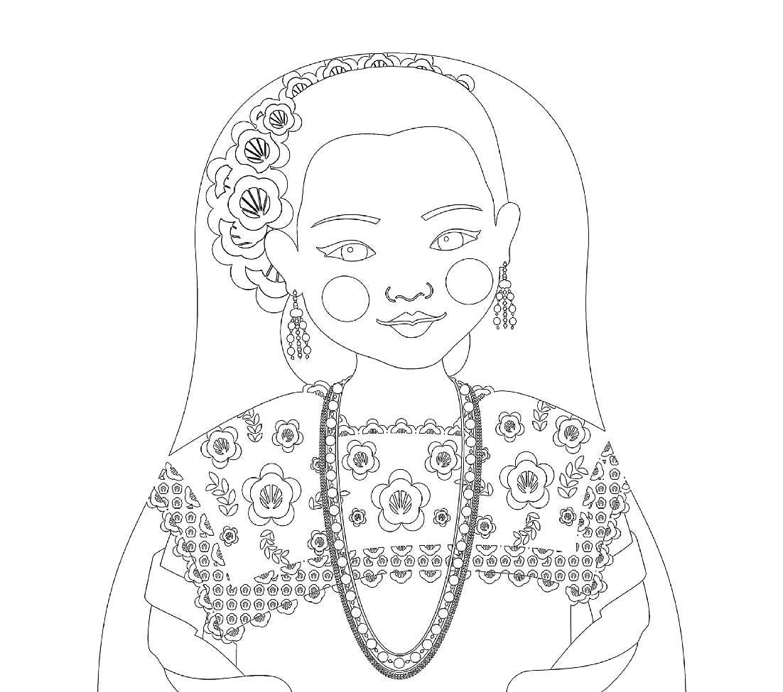 Mexican yucatan coloring sheet printable file traditional folk dress matryoshka doll