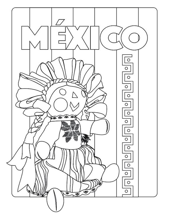 Instant download coloring book page printable adult children coloring page coloring at home activity mexican doll