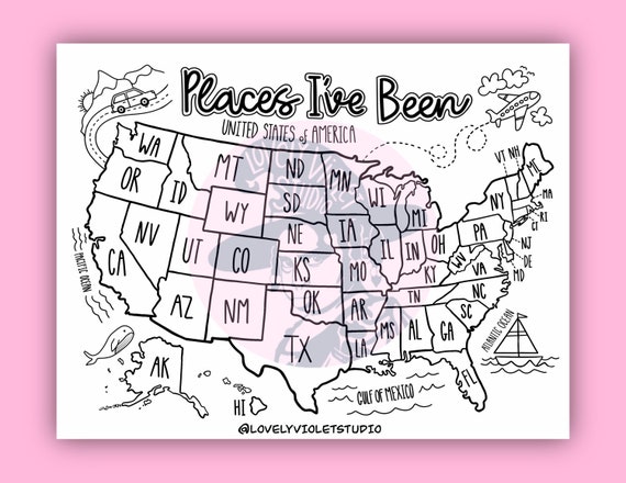 Us map coloring page digital download places ive been us map printable united states road trip coloring page