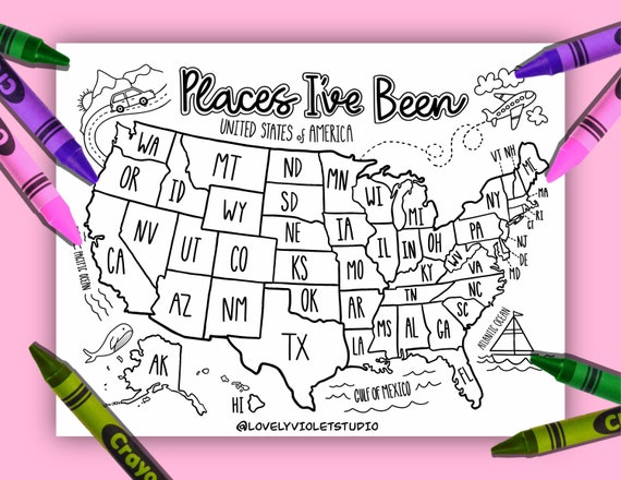 Us map coloring page digital download places ive been us map printable united states road trip coloring page