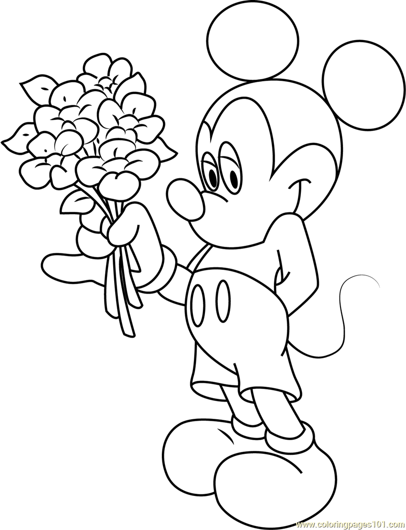 Mickey mouse having flowers in hand coloring page for kids