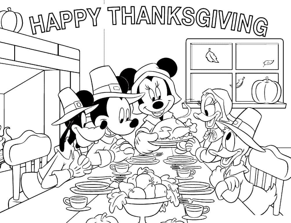 Happy thanksgiving with mickey mouse coloring page