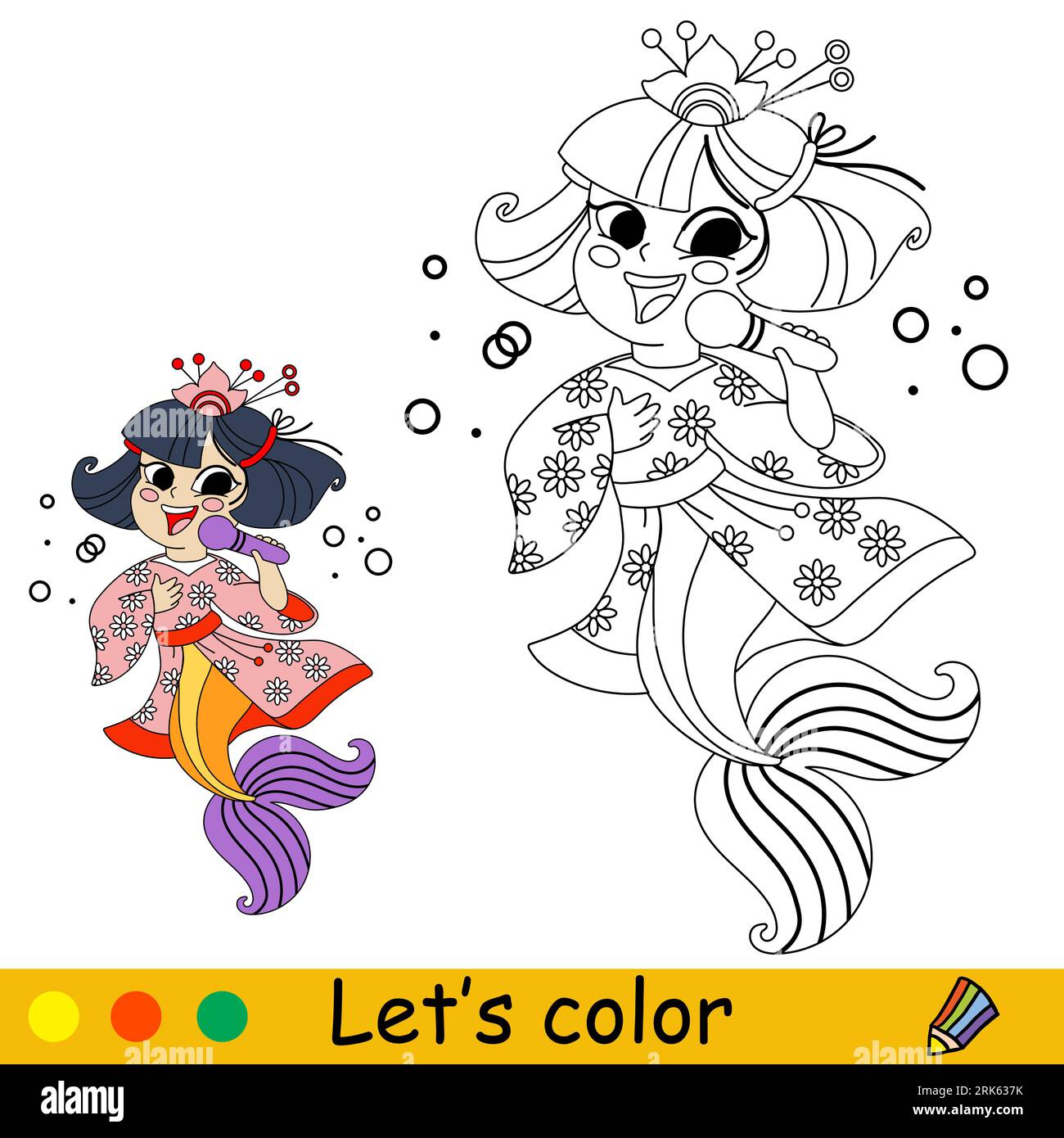 Cute happy mermaid singer with microphone vector cartoon black and white illustration kids coloring page with a color sample for print design pos stock vector image art