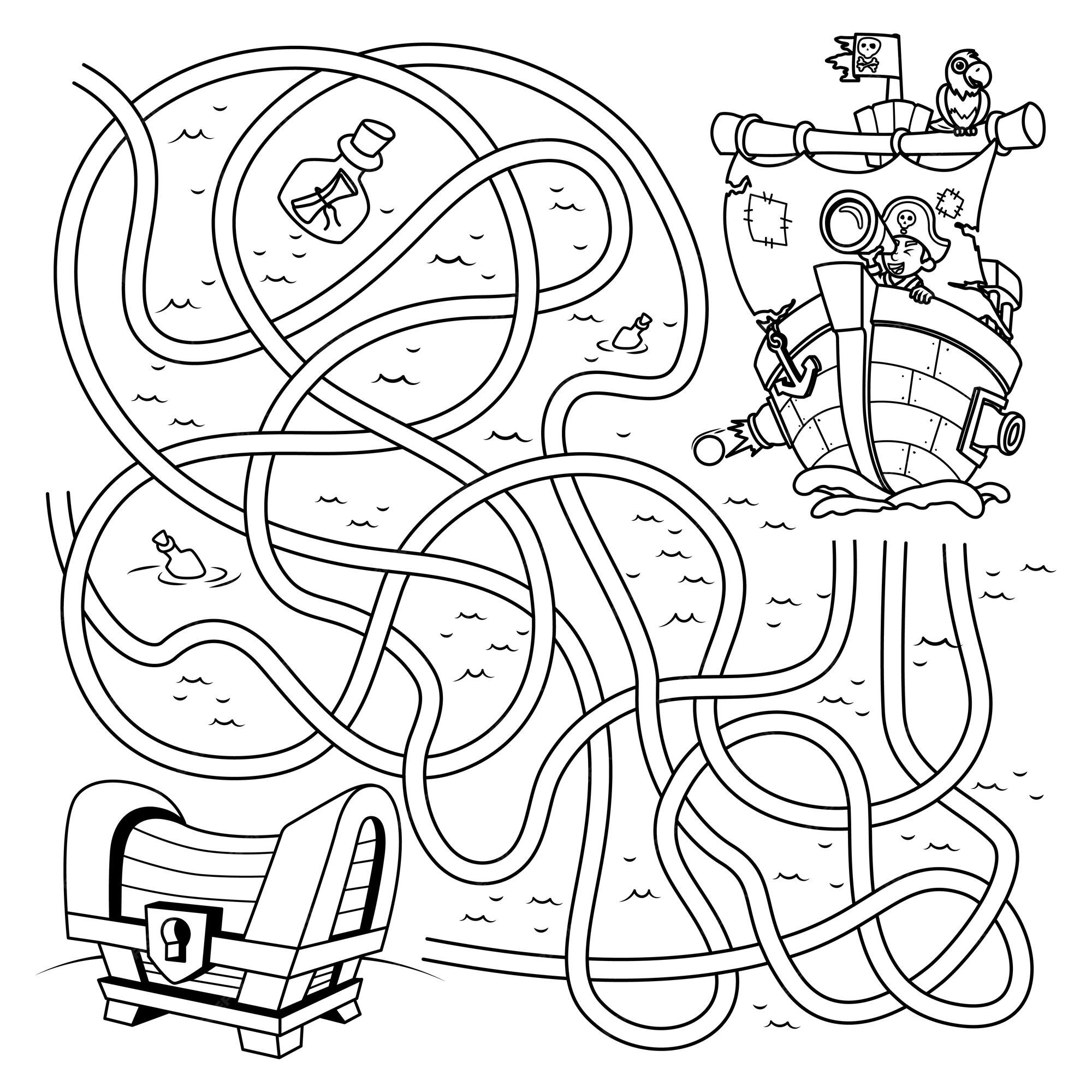 Premium vector coloring the outline of a labyrinth in which you need to help a pirate find the way to a chest