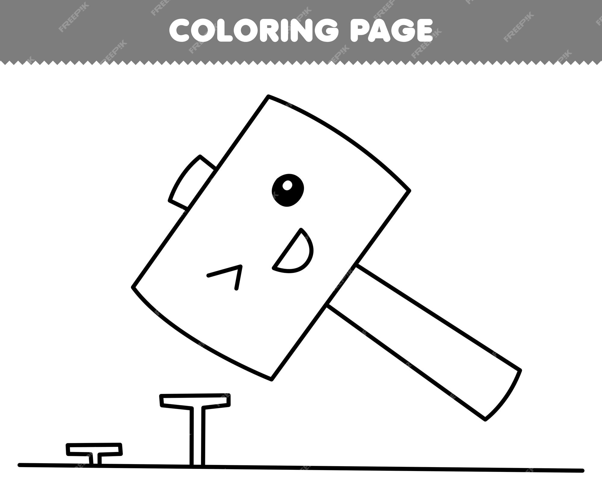 Premium vector education game for children coloring page of cute cartoon hammer and nail line art printable tool worksheet