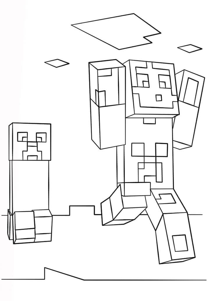 Creeper and steve running coloring page