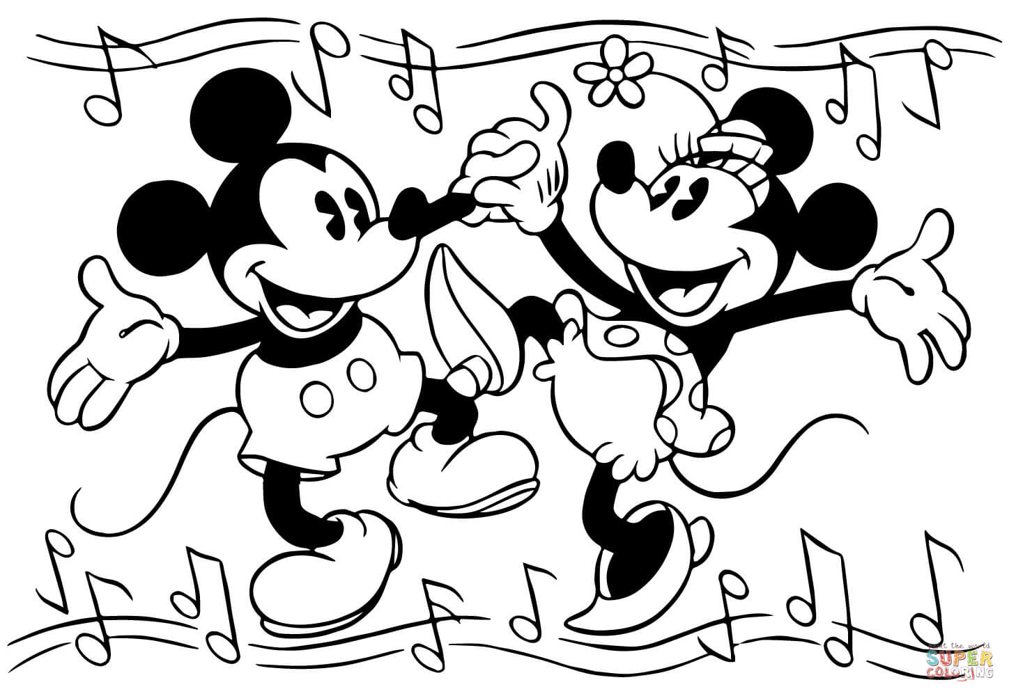 Minnie and mickey mouse are dancing coloring page free printable coloring pages