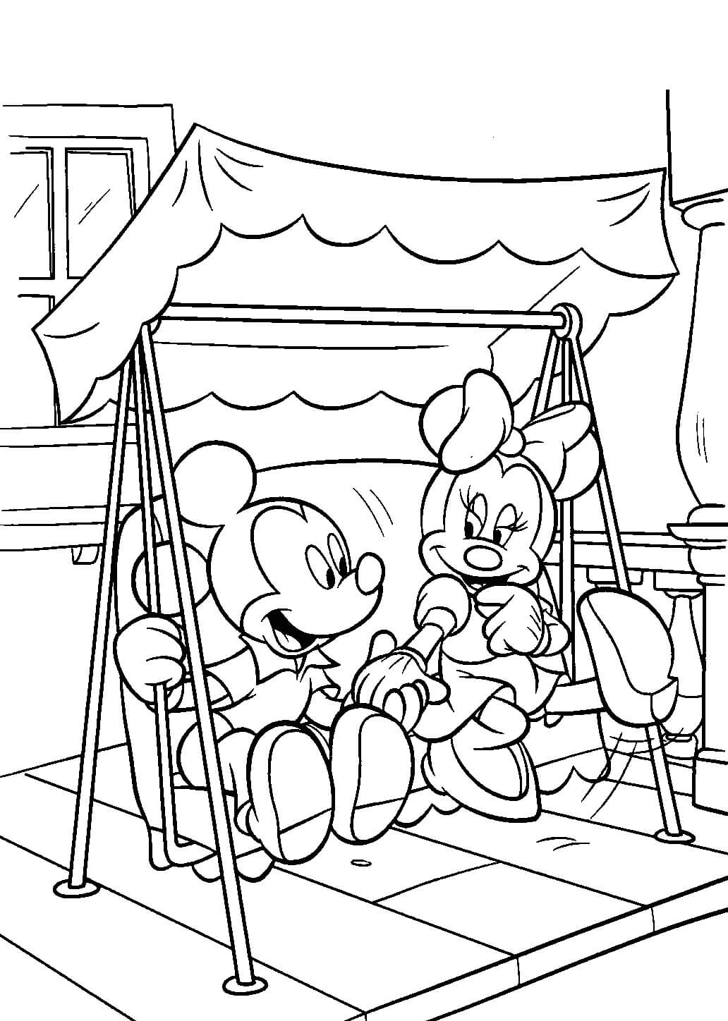 Mickey and minnie mouse play on the swings coloring page