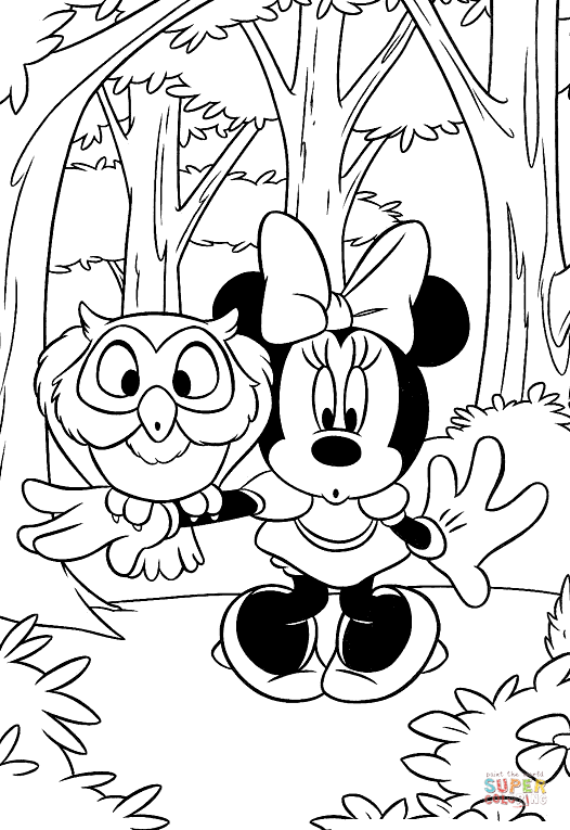 Minnie mouse and owl in the forest coloring page free printable coloring pages