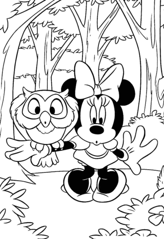 Minnie mouse and owl in the forest coloring page free printable coloring pages