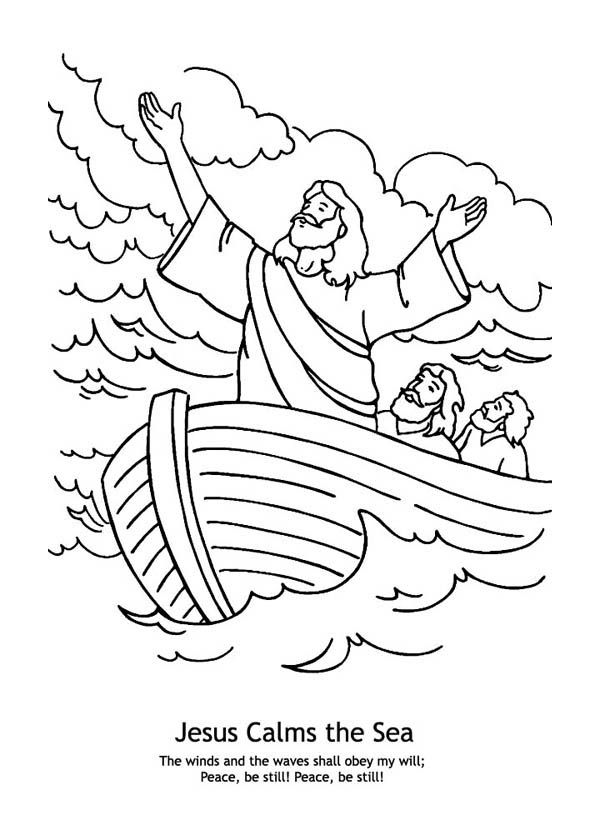 Jesus calms the sea in miracles of jesus coloring page