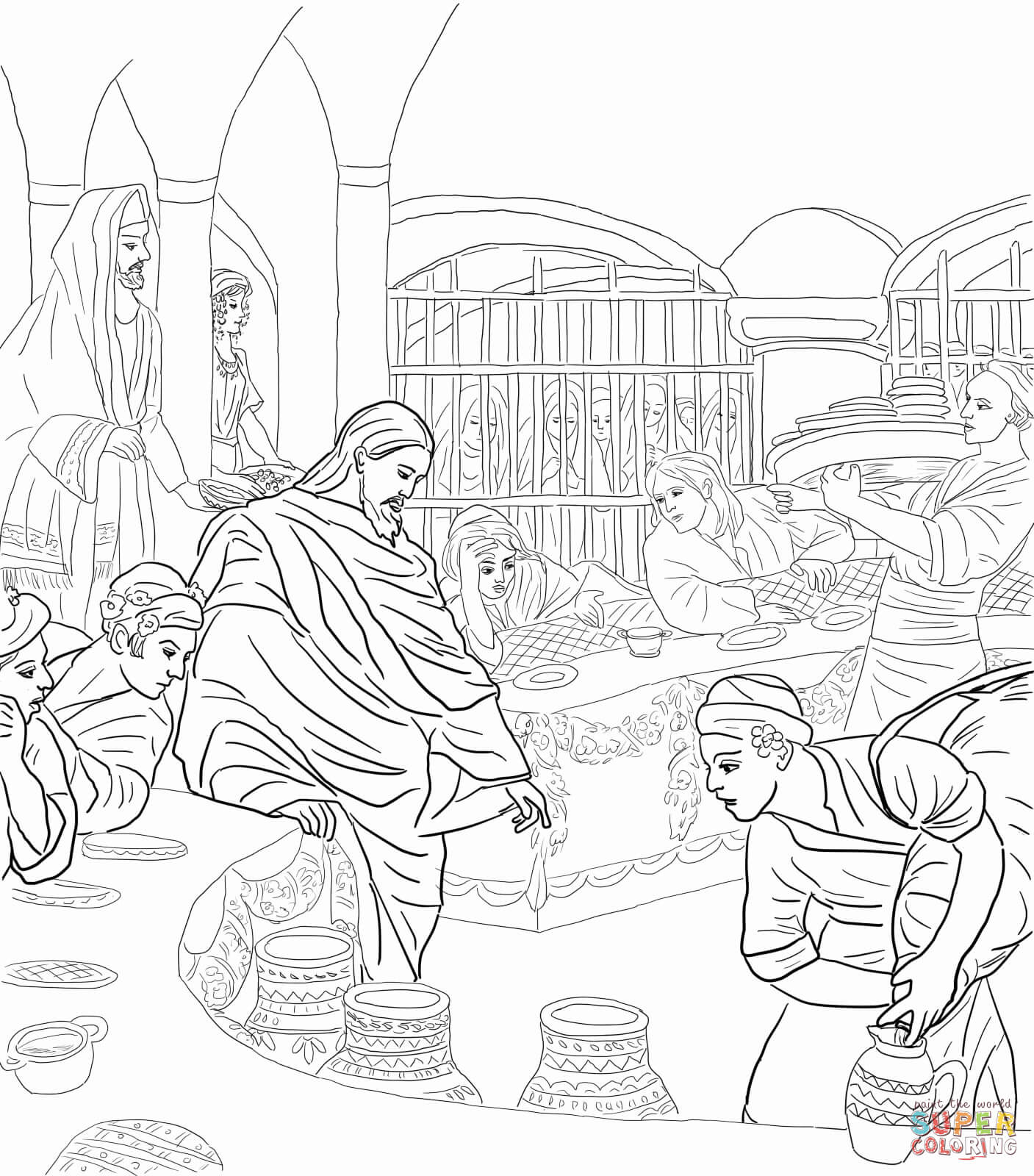 First miracle of jesus at the wedding feast at cana coloring page free printable coloring pages