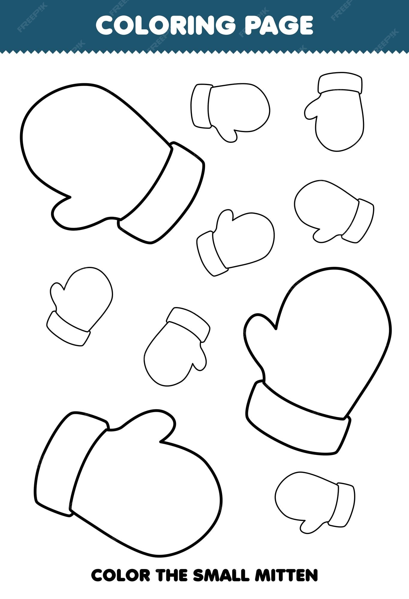 Premium vector education game for children coloring page big or small picture of cute cartoon mitten line art printable winter worksheet