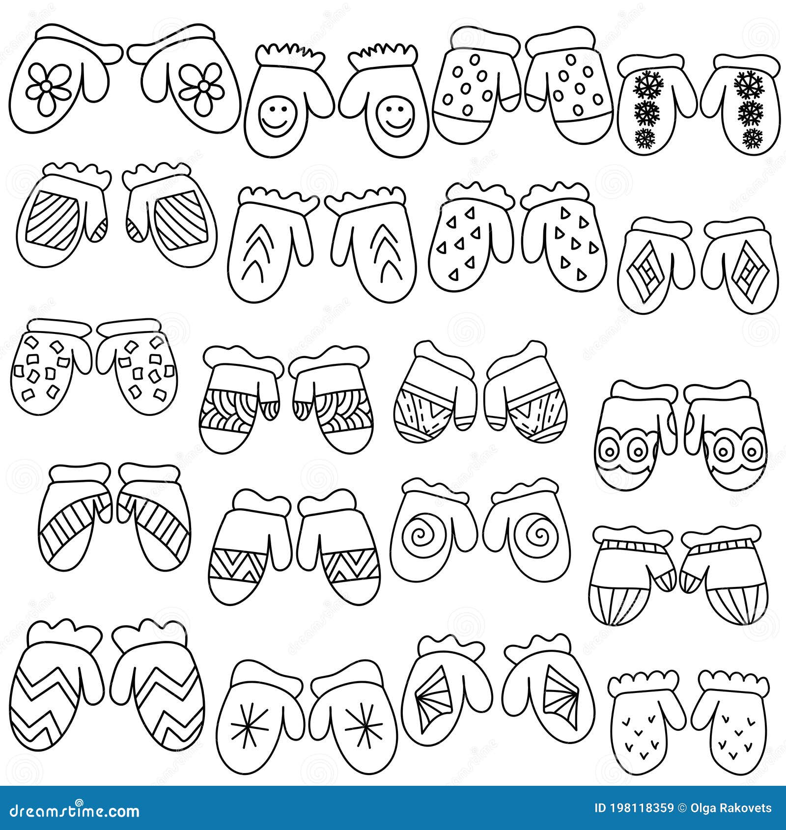 Set of mittens with funny doodle patterns mitten and cute print winter accessories coloring page stock vector