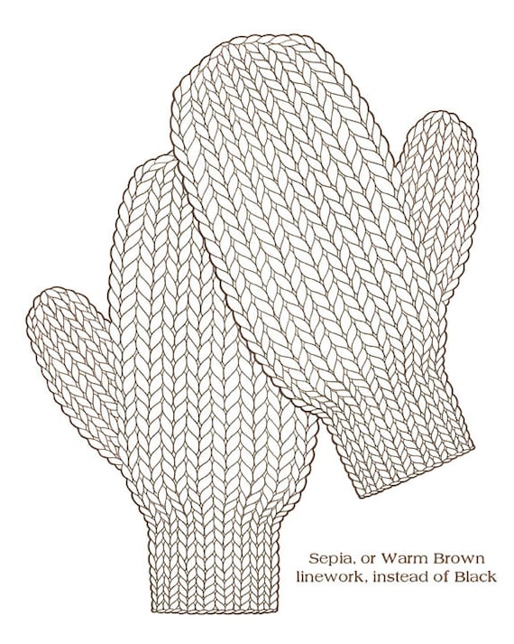 Knitted mittens coloring page printable coloring page drawing of knitting sepia tone coloring page pdf knitting art