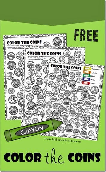 Free printable color the coin money worksheets