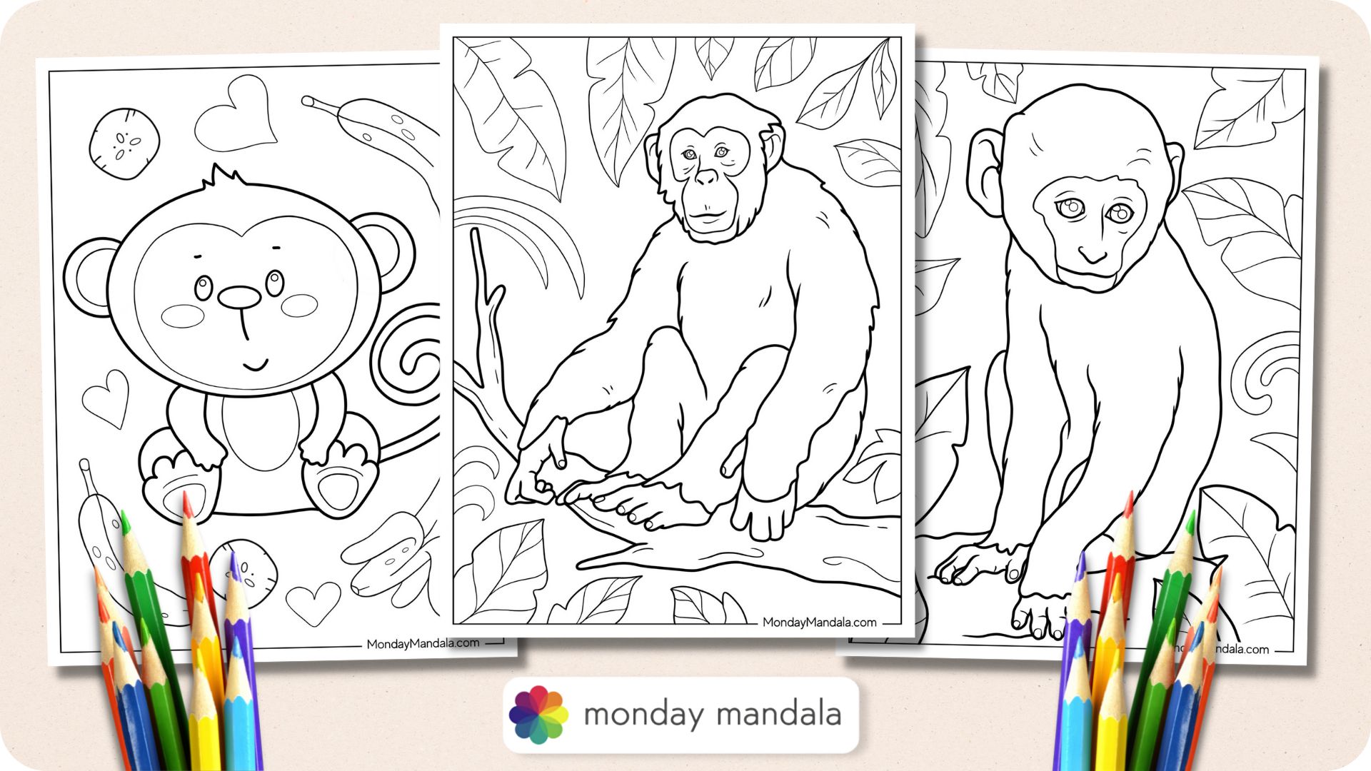 Monkey coloring pages free pdf printables