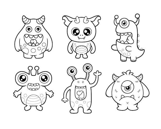 Premium vector set of cute monsters character printable coloring page