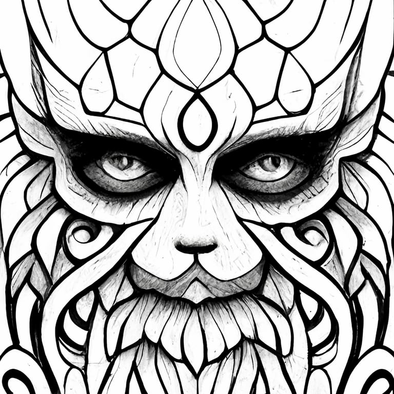 Black and white trippy psychedelic nordic viking monster face coloring page for adults printable outlined art intricate details crisp line intricate details illustration geometric patterns highly detailed mandala dark fantasy