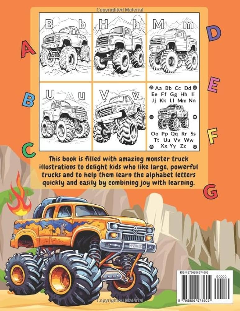 Monster truck alphabet coloring book for kids preschool alphabet coloring book for kids ages