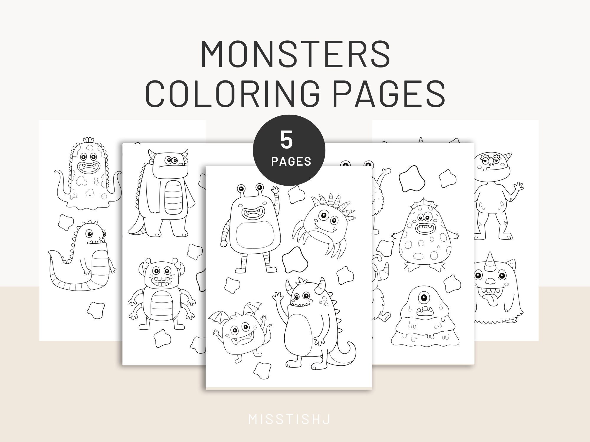 Page monsters coloring pages in x in digital download printable