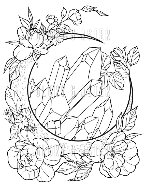 Mystical moon coloring page printable adult coloring page instant download pdf moon crystals floral celestial magic download now