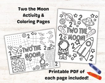 Two the moon coloring page and activity sheet set for kids birthday party space birthday party favor kids party printable year old