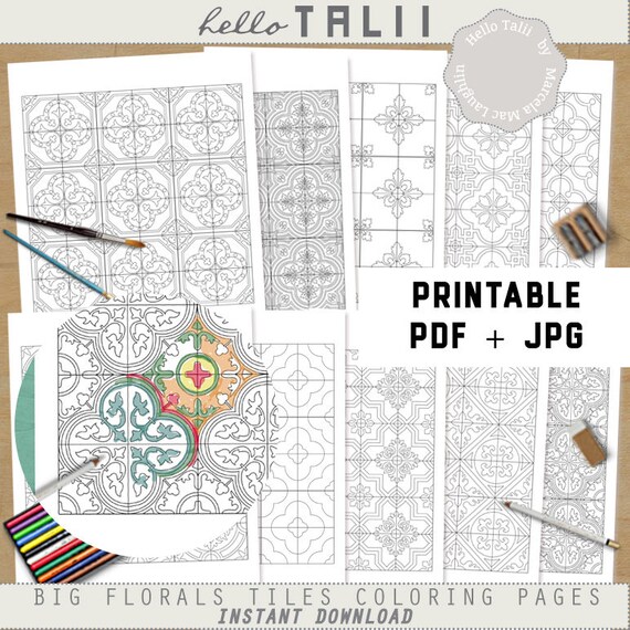 Floral coloring pages printable coloring pages for adults floral mosaic patterns digital download vintage tiles coloring decor pages