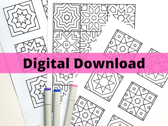 Printable mosaic tile coloring pages geometric coloring page adult coloring page relaxing coloring page pdf instant download