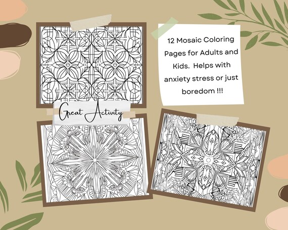 Fun printable mosaic geometric coloring pages adult kids students teacher relaxing destress anxiety relief pdf jpeg instant download