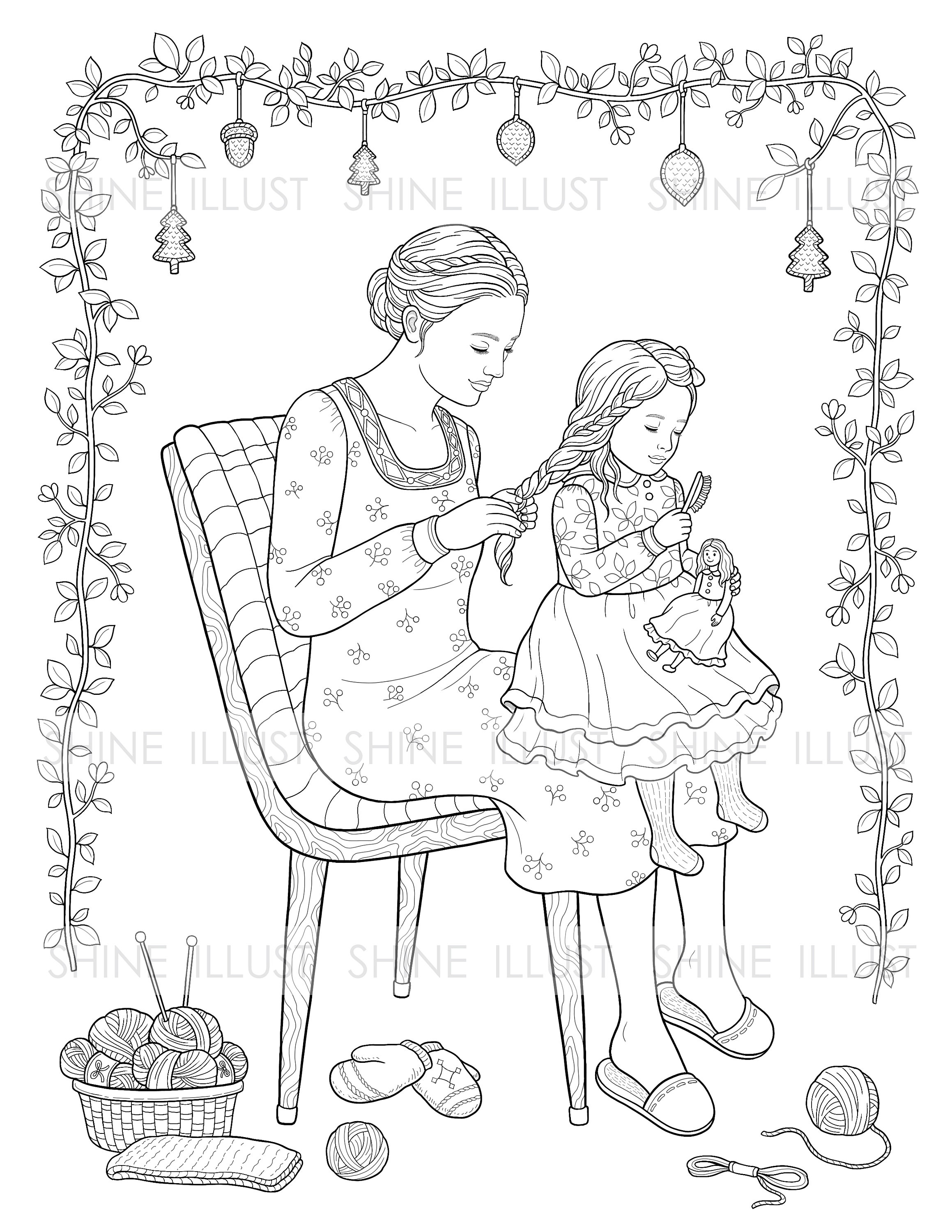 Bing hair mom and daughter coloring printable coloring page coloring sheet knitting lovely daughter doll wool shineillust download now