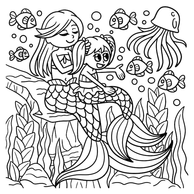 Premium vector mother and daughter mermaid coloring page