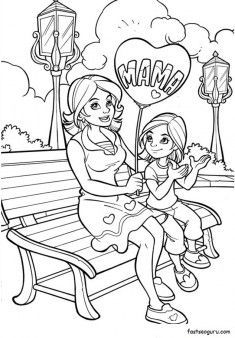 Printable happy mother and daughter in the park coloring pages