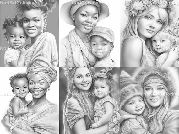 Motherhood set coloring pages mothers day mom and daughter son printable adult coloring pages download grayscale