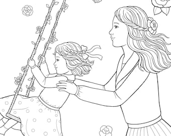 Swing daughter and mom coloring printable coloring page