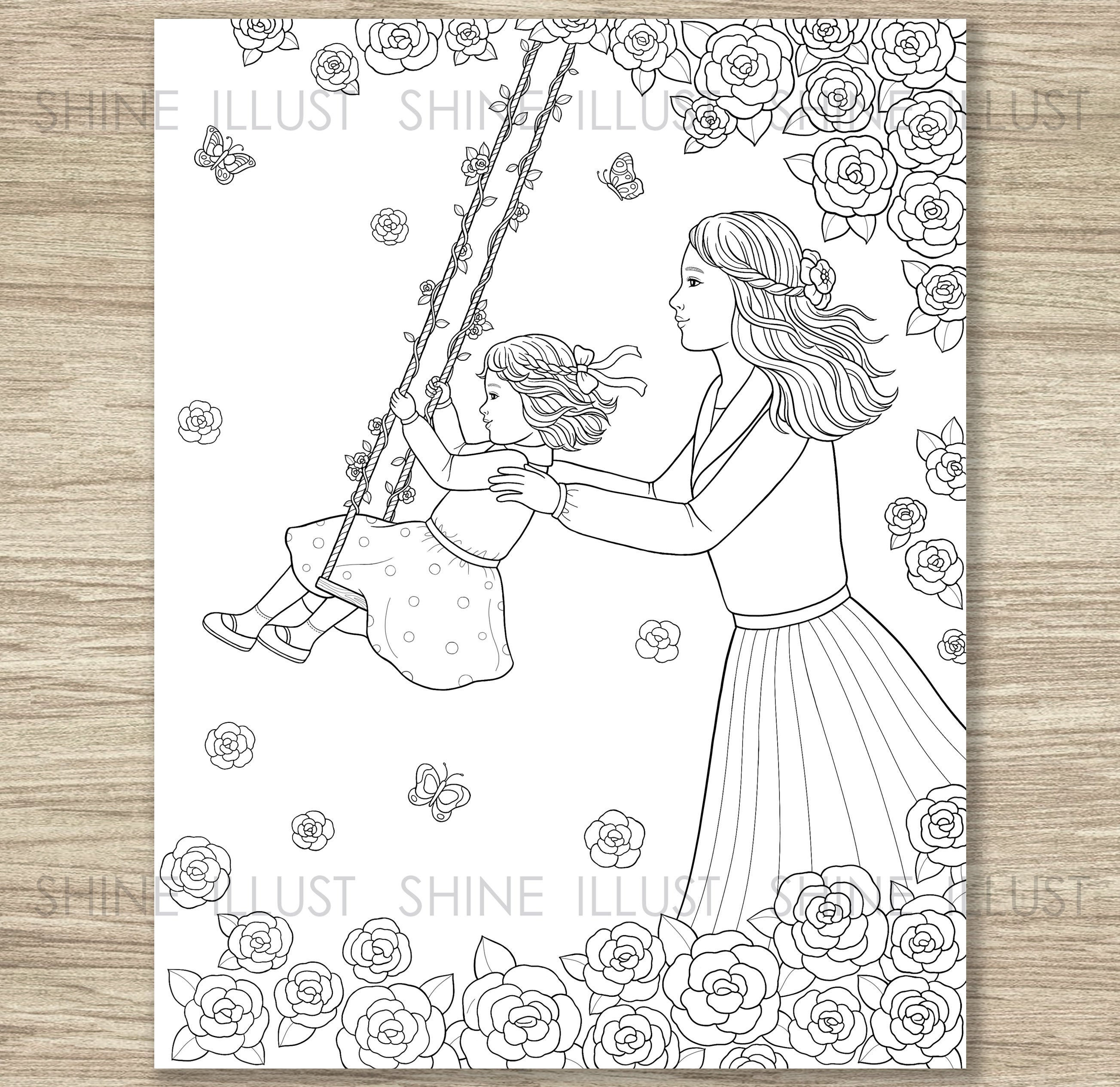 Swing daughter and mom coloring printable coloring page coloring sheet shineillust