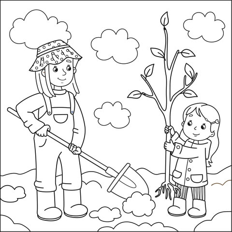 Mom and daughter planting a tree coloring page free printable coloring pages